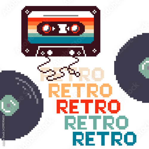 Cassette tape and vinyl. Vinyl music record. vintage gramophone disc. Retro vintage mixtape . Vector pixel art illustration. 8 bit