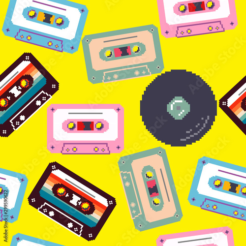 Cassette tape and vinyl. Vinyl music record. vintage gramophone disc. Retro vintage mixtape . Vector pixel art illustration. 8 bit