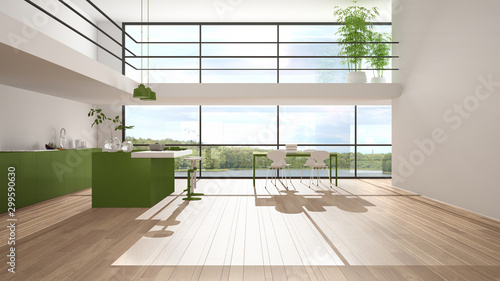 Modern minimalist green colored kitchen with island, dining table with chairs, parquet, mezzanine, big panoramic windows with lake view, morning light, bamboo plants, interior design © ArchiVIZ