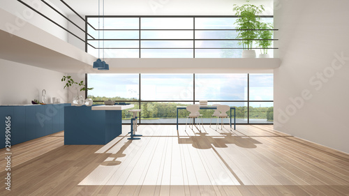 Modern minimalist blue colored kitchen with island, dining table with chairs, parquet, mezzanine, big panoramic windows with lake view, morning light, bamboo plants, interior design © ArchiVIZ