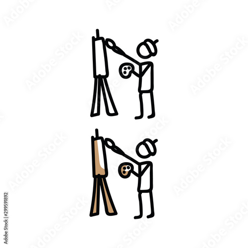 Artist stick figure vector illustration. Bujo painting stickman with spot color. Hand drawn communication of art clipart. 