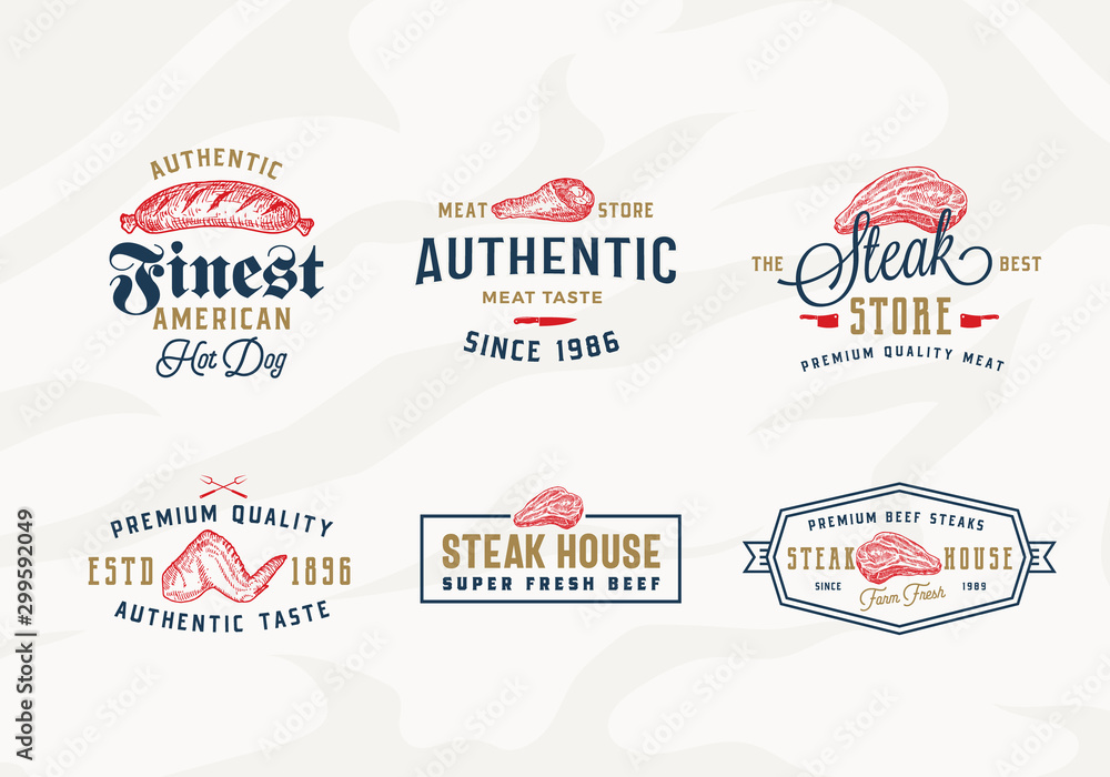 Steak House or Meat Store Vintage Typography Labels, Emblems or Logo Templates Bundle. Hand Drawn Sausage, Steak, Chicken Wings and Drumstick Sketch Signs Set. Meat Texture Background.