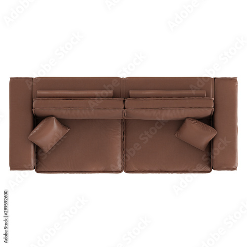 Brown leather sofa top view on an isolated background. 3d rendering