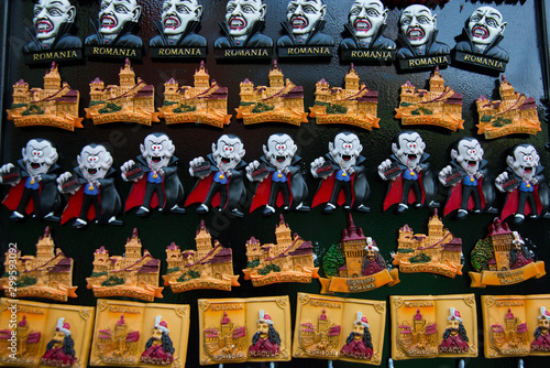 Magnets featuring Dracula,and images of the medieval city on offer to tourist in Sighisoara, Romania, photo