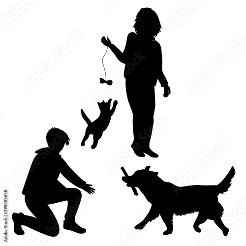 Silhouettes of men and women, a cat and a dog. Games with pets. Dog Training. Active lifestyle.