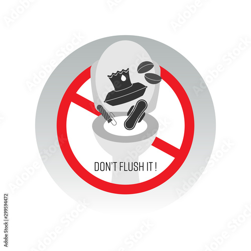 Don’t flush it sign. Contact lens, menstrual products and wet wipes causing blockage and microplastic pollution. Vector illustration outline flat design style.