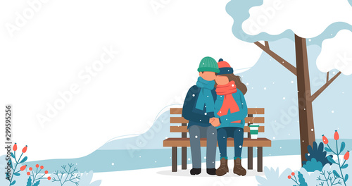 Loving couple on the bench in winter. Cute vector illustration in flat style.