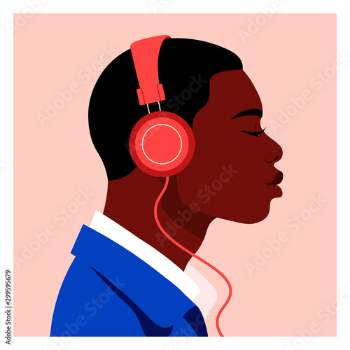 African man listen to music on headphones. Music therapy. Guy profile. Avatar. Vector flat illustration
