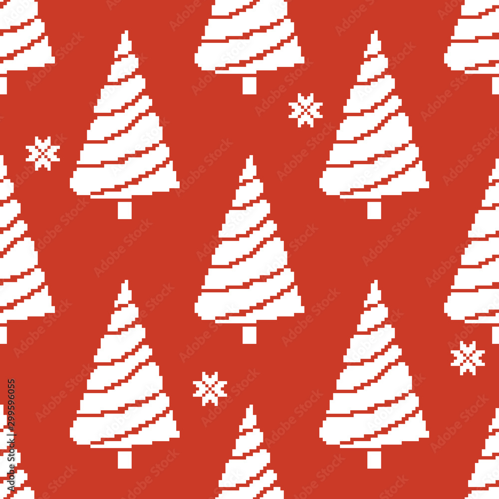 Seamless pattern of christmas tree with snowflakes. Vector illustration in pixel art style. 8 bit. Pixel illustration. Seamless pattern of christmas tree with snowflakes. Vector illustration in pixel art style. 8 bit. Pixel illustration.