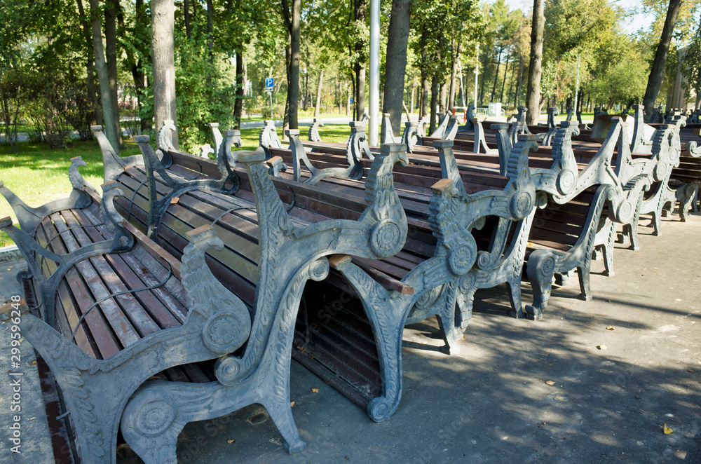 Many old benches in the park. Luzhniki Stadium, Moscow