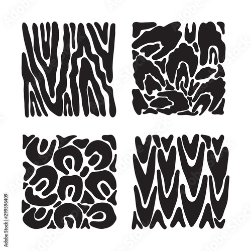 Set of abstract seamless pattern in vector. Animal and geometric print. Wildlife zebra texture  tiger skin stripes and leopard spots. Background painted with brush. Handdrawn black and white