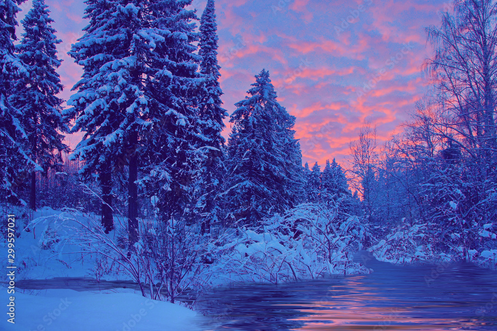 beautiful winter landscape trees in snow sun evening bokeh - obrazy, fototapety, plakaty 