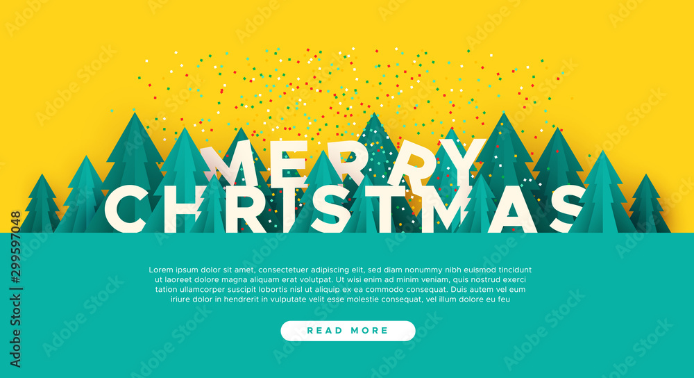 Merry Christmas web template paper cut pine tree - obrazy, fototapety, plakaty 