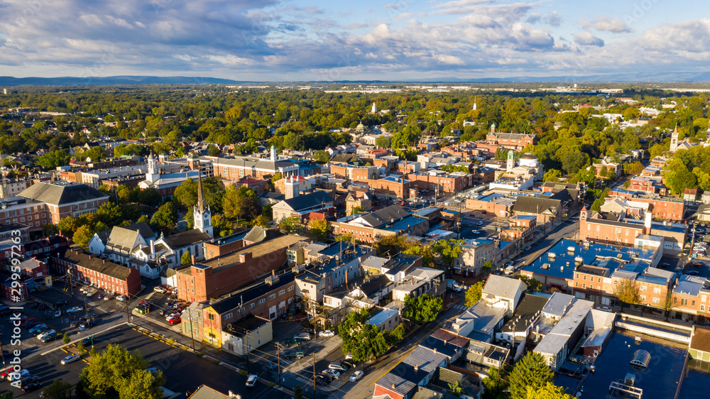 Early Morning Aerial View Over Downtown City Skyline Carlisle Pennsylvania