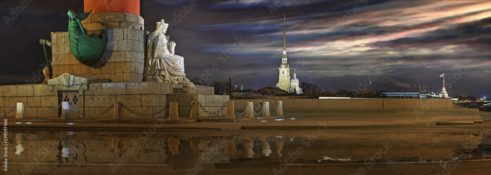 Panorama with Rostral column and Peter and Paul fortress in St. Petersburg