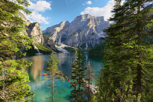 Fototapeta Naklejka Na Ścianę i Meble -  Braies mountain lake in the Dolomite Alps, Italy