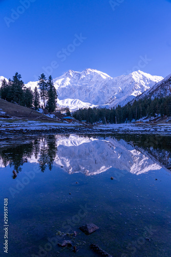 Portrait view of the Reflection of Fairy meadows during the sunset period with Nanga parbat mountain range