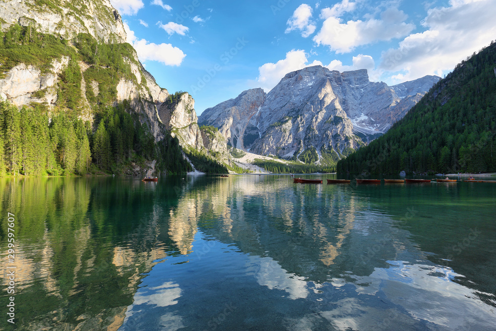 Braies mountain lake in the Dolomite Alps, Italy