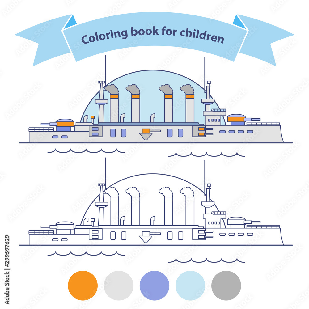 The warship with artillery. Battleship coloring book for children. Outlined doodle. Flat vector. 