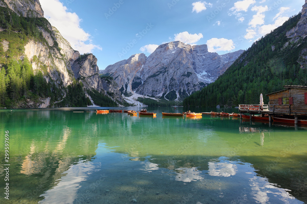 Braies mountain lake in the Dolomite Alps, Italy Braies mountain lake in the Dolomite Alps, Italy
