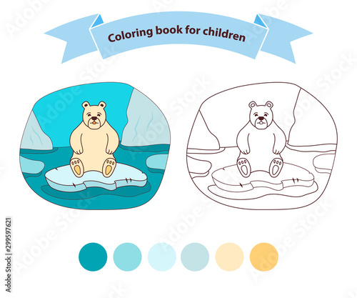 Polar bear sad on an ice floe in the sea coloring book for children. Outlined doodle. Flat vector.