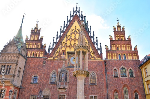Wroclaw, Poland - May 2019. Historical building in the Wroclaw old town. View on famous tourist attraction in Vroslav. Beautiful cityscape with Wroclaw landmarks in sunny day