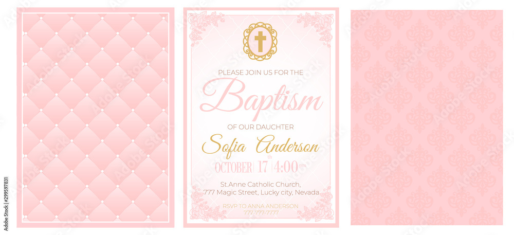 Baptism cute pink invitation template card. Set of illustration for baby  girl christening ceremony, communion or confirmation. Little princess  birthday, baby shower background. Blush soft rose color Stock Vector |  Adobe Stock