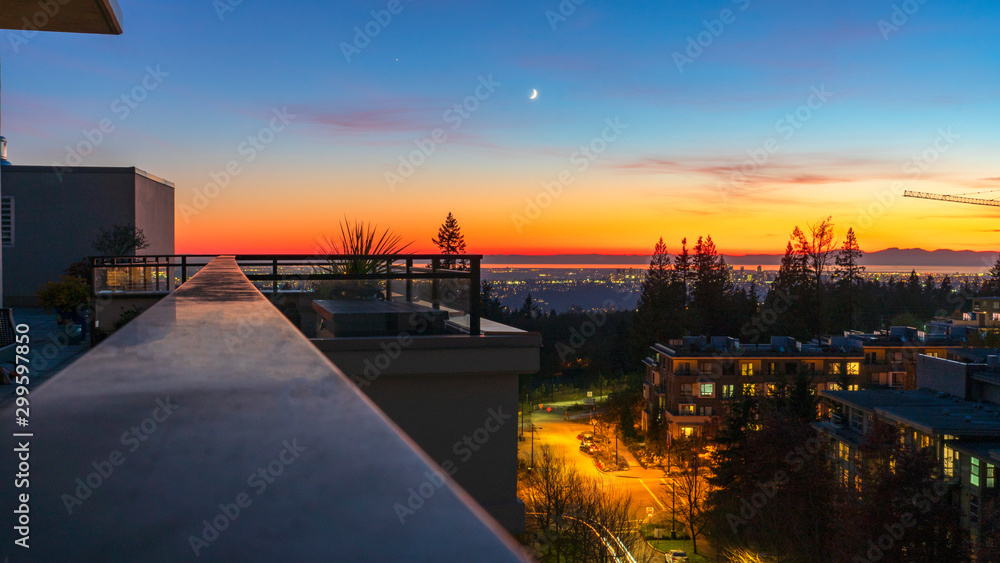 Vivid, colourful nightfall as seen from UniverCity on Burnaby Mountain, BC