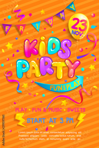 Kids party flyer with confetti,serpentine sparkles for greetings,invitations for parties.Place for fun and play, kids game room for birthday party.Poster for children's playroom decor.Vector