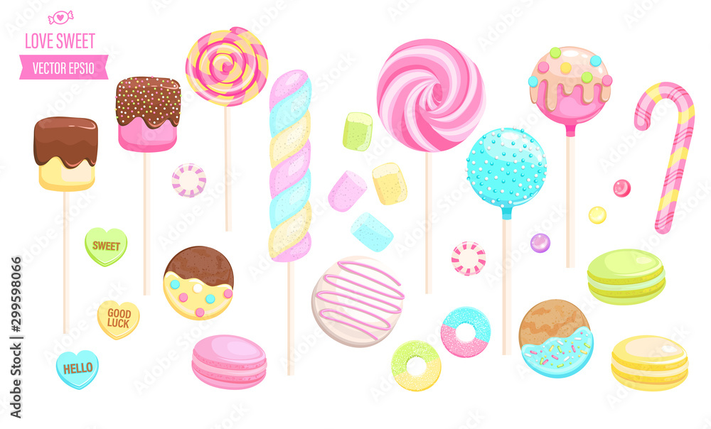Set isolated sweets on white background-candy,macaroon,candy cane,lollipop,caramel,marmalade.Template for confectionery,sweet banner and poster,advertise for candyshop. Vector illustration Set isolated sweets on white background-candy,macaroon,candy cane,lollipop,caramel,marmalade.Template for confectionery,sweet banner and poster,advertise for candyshop. Vector illustration