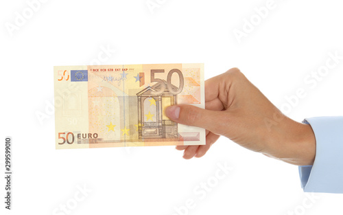 Woman with Euro banknote on white background, closeup