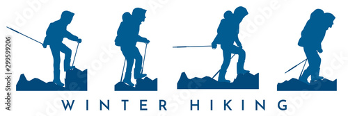 Set of vector isolated blue silhouettes.  Travel concept of discovering, exploring and observing nature. Winter hiking. Adventure tourism. Traveler walks with backpack and travel walking sticks
