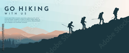 Vector template with tourists. Travel concept of discovering, exploring and observing nature. Hiking. Travelers climb with backpack and travel walking sticks. Website background. Flat landscape