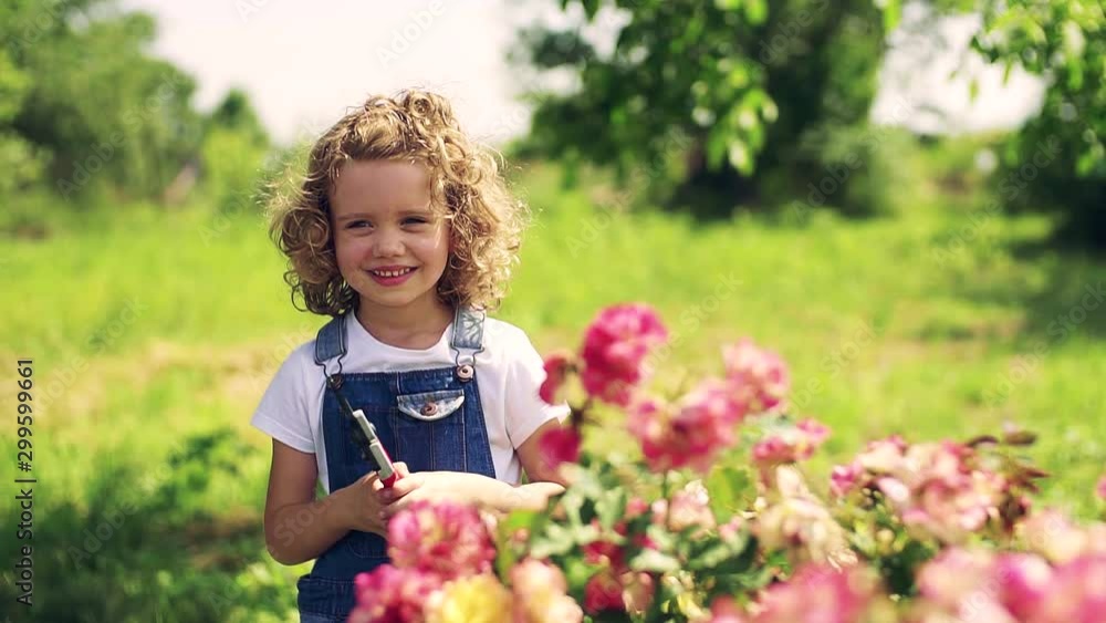 Portrait of small girl standing in the backyard garden, holding scissors. Portrait of small girl standing in the backyard garden, holding scissors.