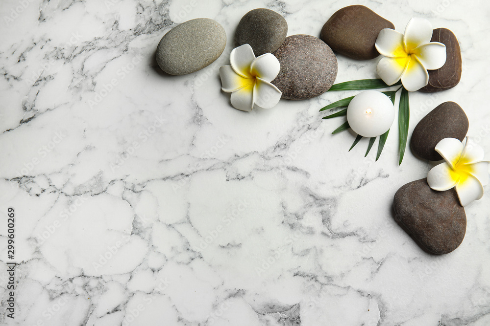 Flat lay composition with stones on white marble background, space for text. Zen concept - obrazy, fototapety, plakaty 