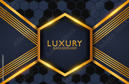 Luxury elegant background with lines composition and black gold hexagon shape. Business presentation layout