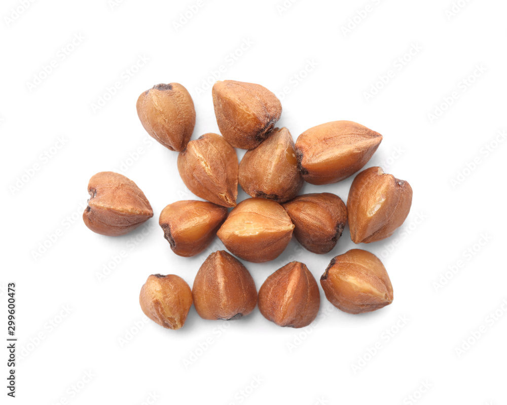 Buckwheat grains isolated on white, top view. Organic cereal Buckwheat grains isolated on white, top view. Organic cereal