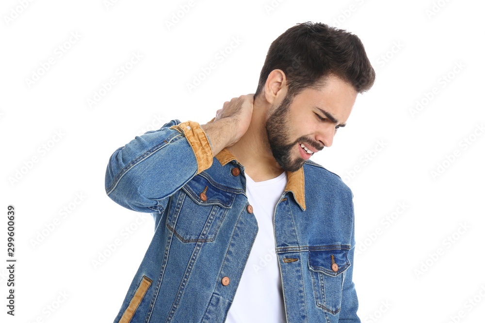 Man suffering from neck pain on white background Man suffering from neck pain on white background