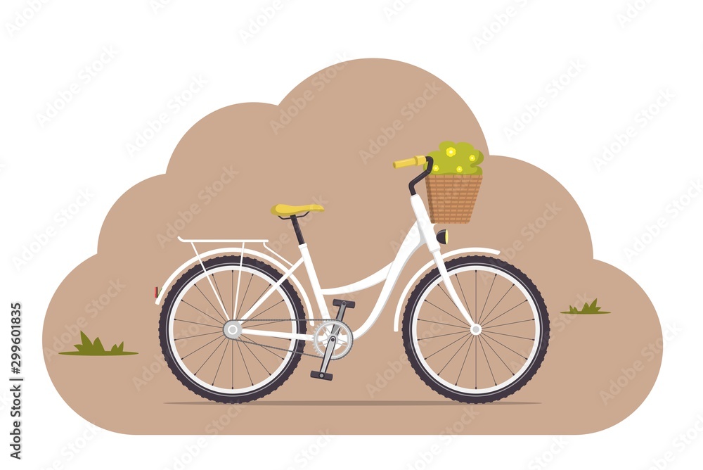 Cute women s retro bike with a low frame and basket with flowers