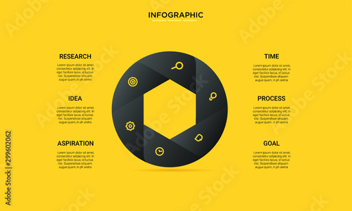 six hexagon black yellow options process chart slide template. Business data. Workflow, visualization, design. Creative concept for infographic, presentation, report, research, strategy, consulting.