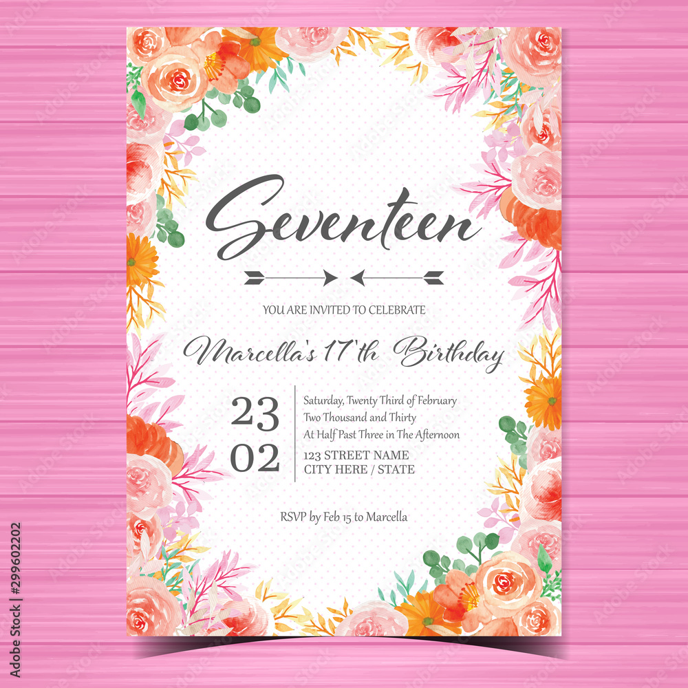 birthday invitation card with gorgeous watercolor flowers