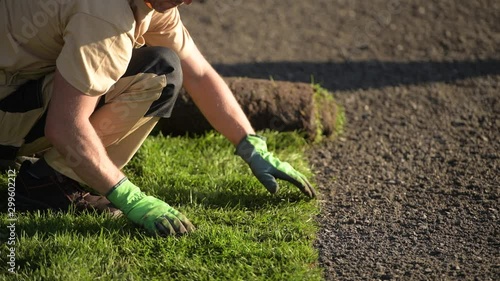 Natural Grass Installation by Professional Caucasian Gardener in His 30s.