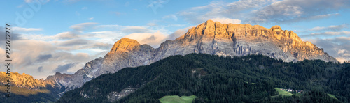 Italy / South Tyrol / Alto Adige: panorama sunset view of the peak of the Heiligkreuzkofel / Kreuzkofel above the Gadertal photo