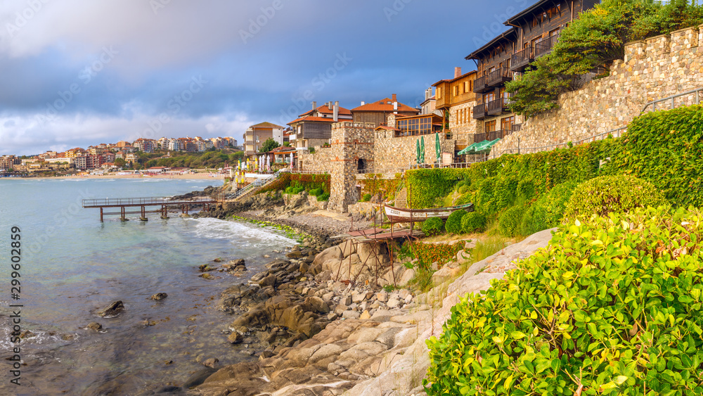 Coastal landscape - embankment with fortress wall in the city of Sozopol on the Black Sea coast in Bulgaria