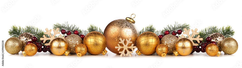 Christmas border of gold ornaments with branches. Side view isolated on a white background. - obrazy, fototapety, plakaty 