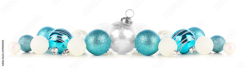 Christmas border of blue and white ornaments. Side view isolated on a white background. - obrazy, fototapety, plakaty 