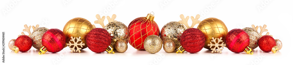 Christmas border of red and gold ornaments. Side view isolated on a white background. - obrazy, fototapety, plakaty 
