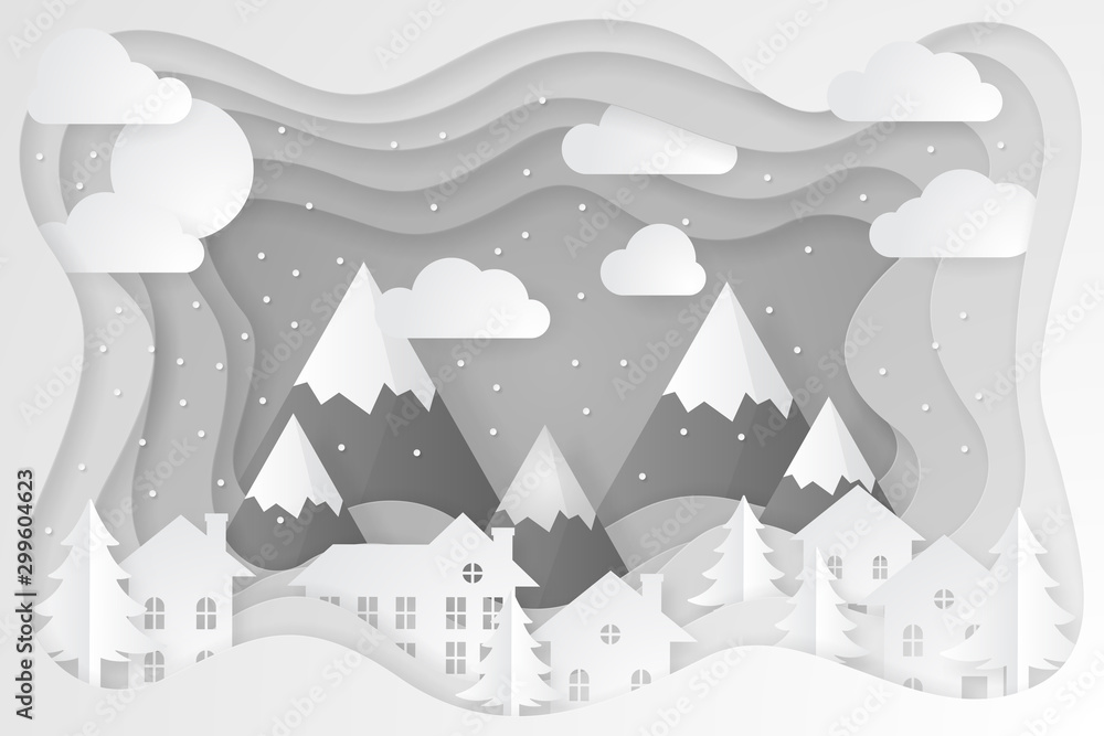Winter Landscape Background. Papercut vector design. Vector illustration