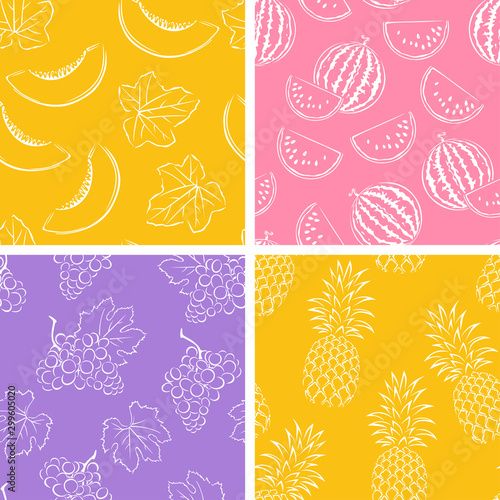 Set of fruits seamless patterns. Watermelon, grapes, pineapple and melon. Vector monochrome outline illustration of fruits and leaves.