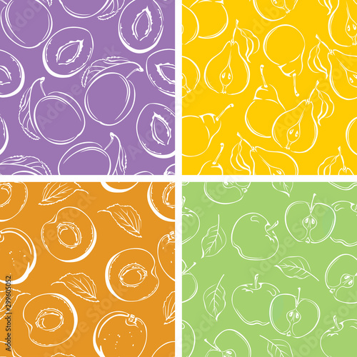 Set of fruits seamless patterns. Plum, apple, pear and apricot. Vector monochrome outline illustration of fruits and leaves.
